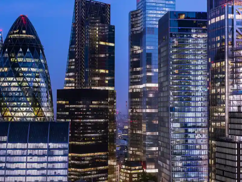 London's financial district at night.