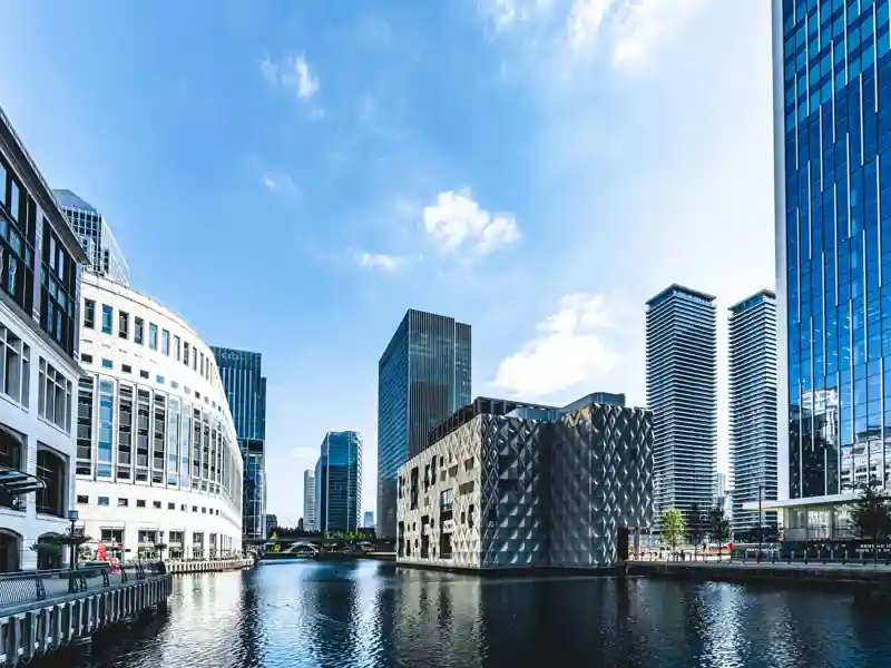 London waterway flowing trough office buildings.